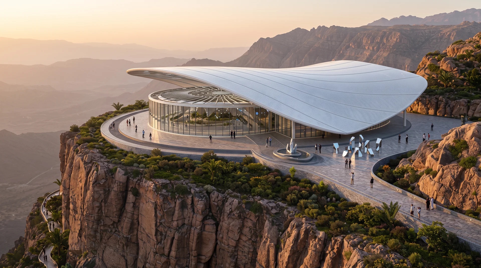 AI-assisted team concept visual of an unbuilt visitor centre on the Taif Escarpment at sunset